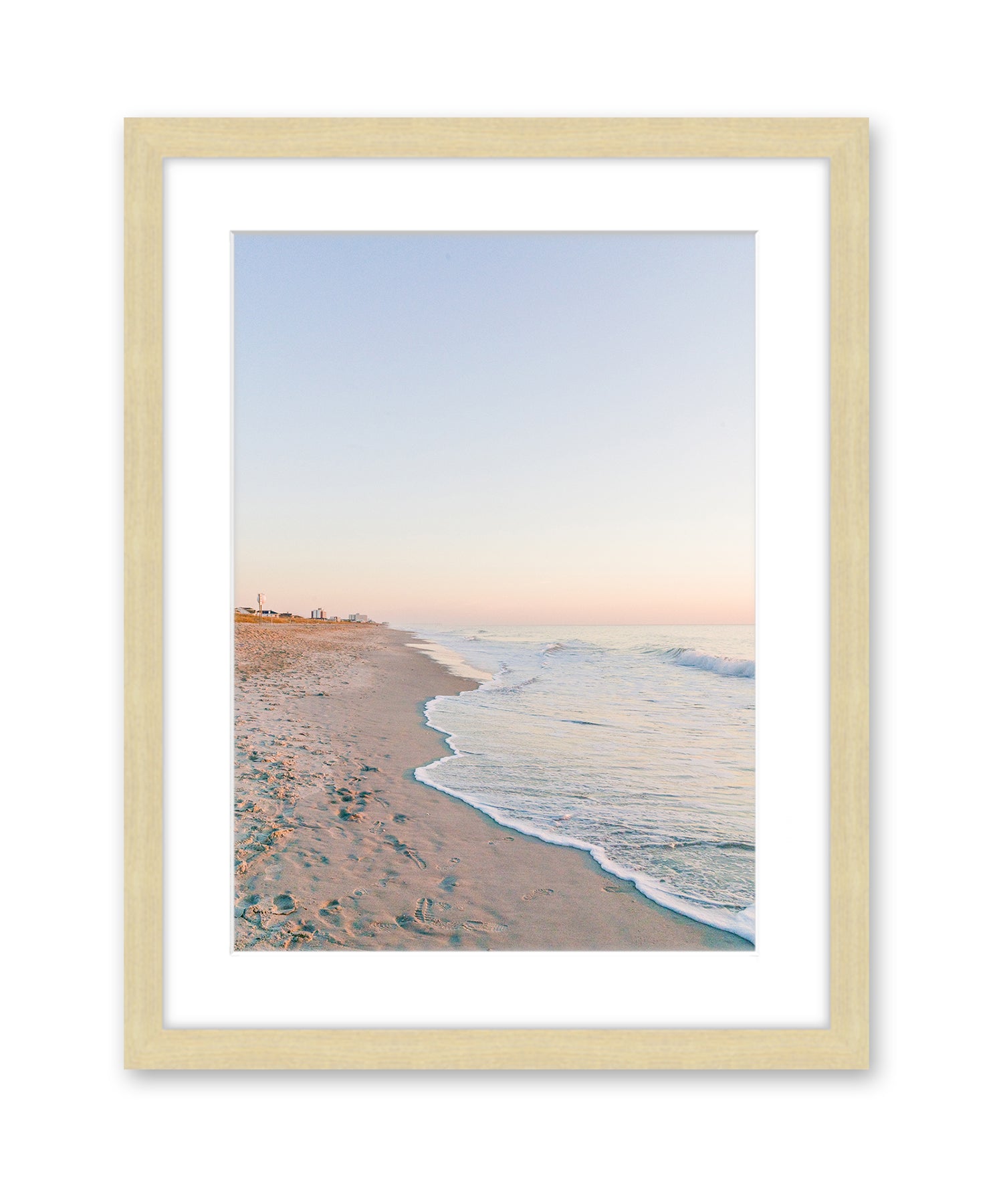 Pastel Blue Sunrise Wrightsville Beach Photograph, Natural Wood Frame By Wright and Roam