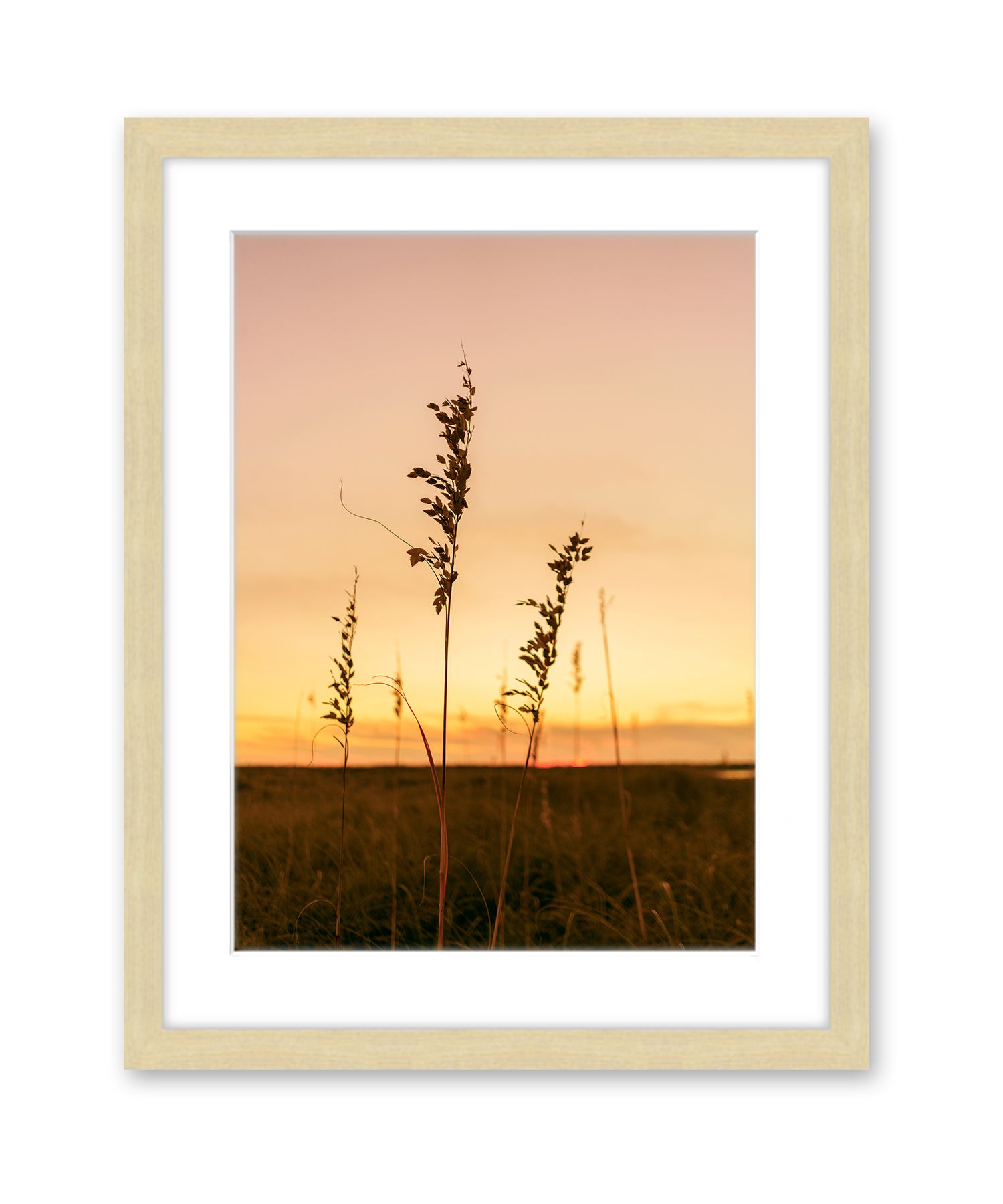 Sunset Seagrass Beach Photograph, Natural Wood Frame by Wright and Roam