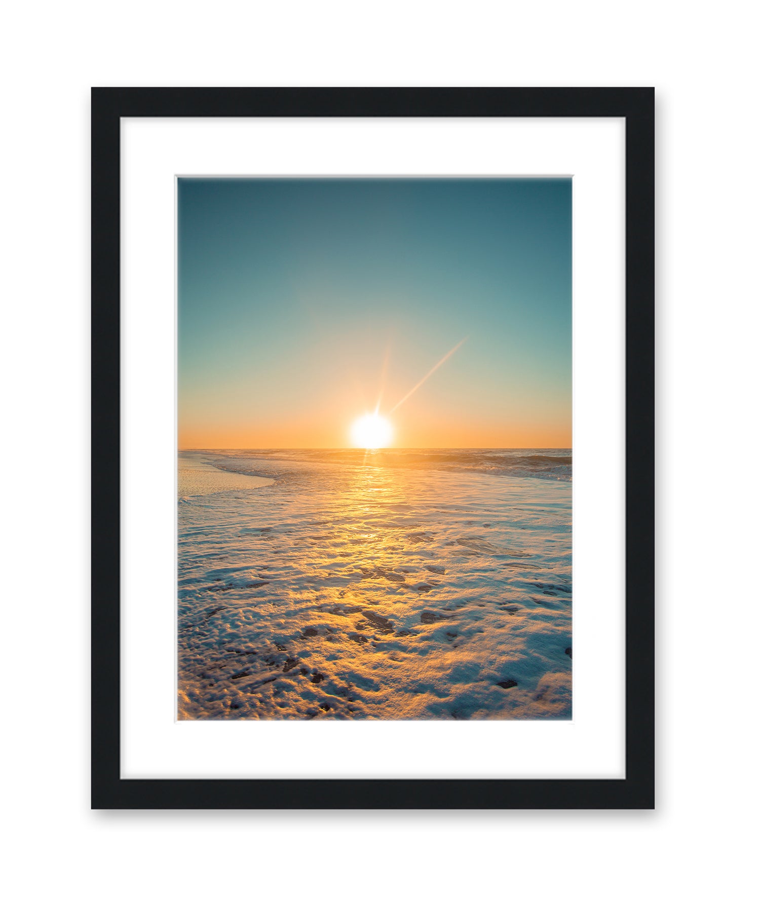 Teal Sunrise Beach Photograph, Black Frame by Wright and Roam