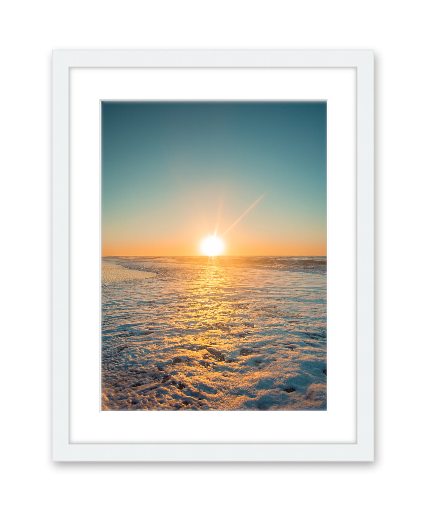 teal sunrise beach photograph white frame by Wright and Roam