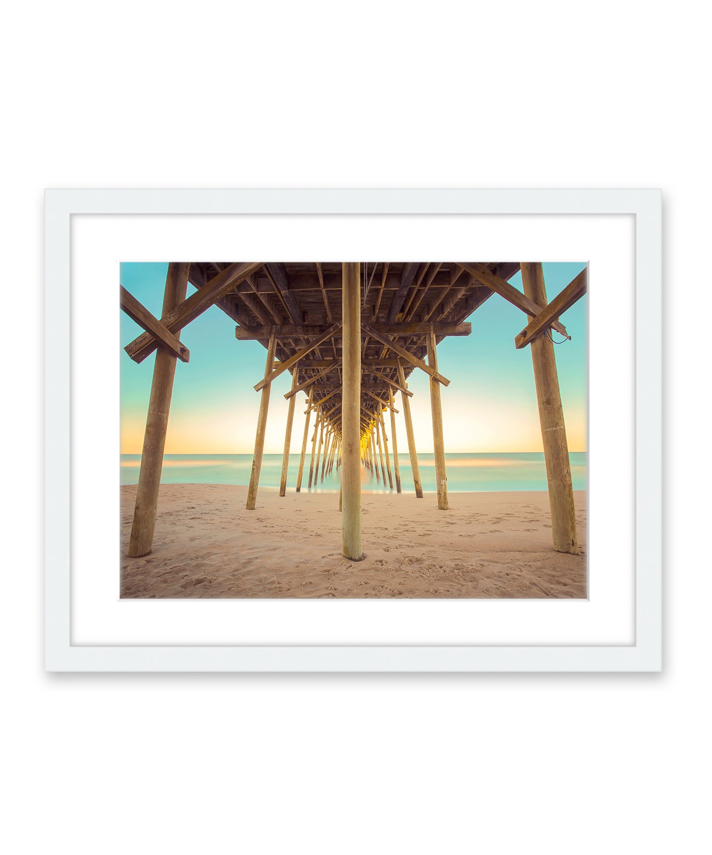 colorful pier blue and yellow sunset Carolina beach photograph, white frame by Wright and Roam